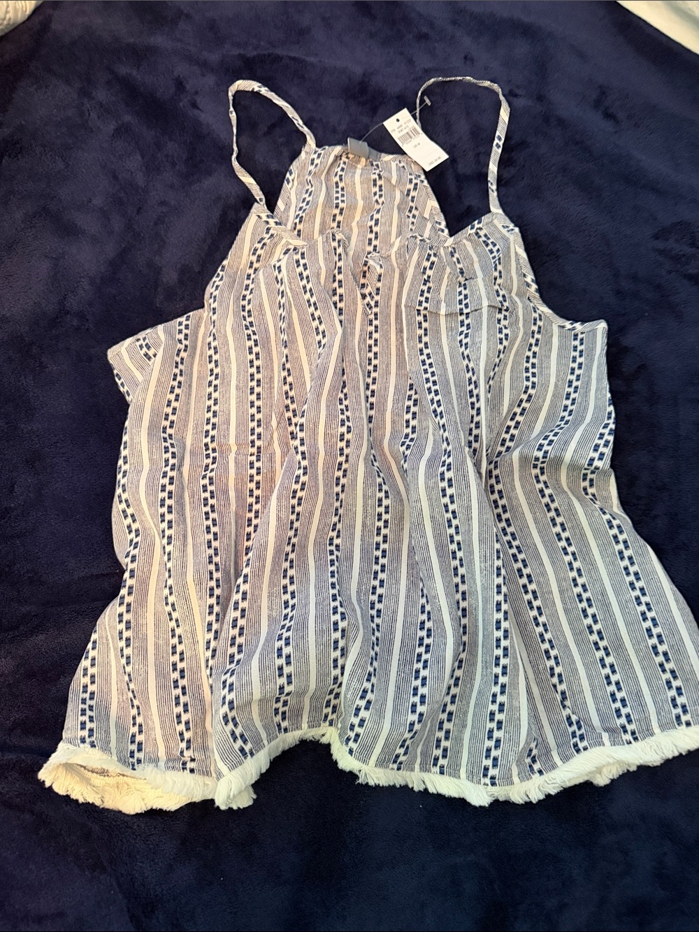 aerie Blue and White Striped Fringe-Hem Spaghetti Strap Cami